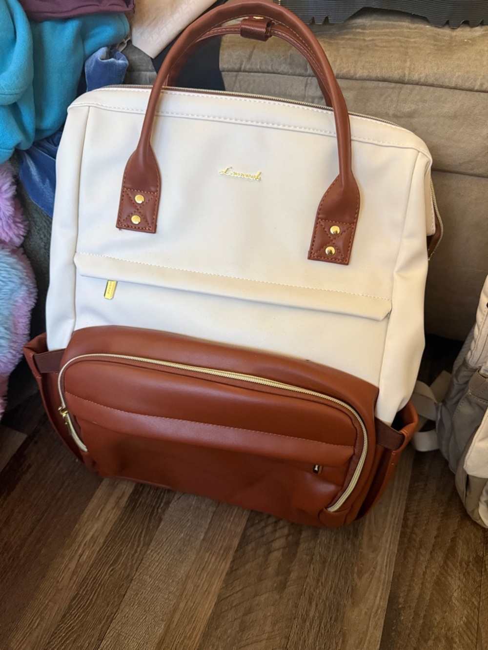 Laptop Tote Backpack - Cream and Brown Women’s Laptop Bag